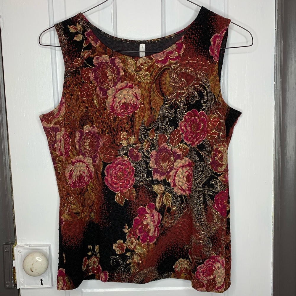 White Stag Textured Fabric Gold Glitter Embellished Rose Tank Top